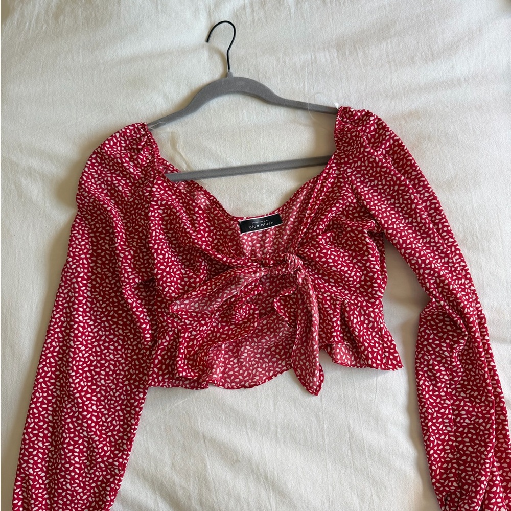 Red Printed Tie-Front Long Sleeve Top